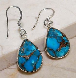 Lovely Blue Copper Turquoise 925 Solid Sterling Silver Earrings 1 1/4 