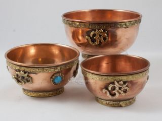   Copper Tibetan Buddhist Offering Bowl Censer w/ Brass OM Decorations
