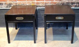 Pair Henredon Mahogany Campaign Style End Tables Refinished Espresso 