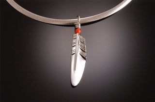 Silver Feather with Coral Accented Pendant by Ray Tracey ~ MEDIUM