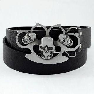 Western KNUCKLE DUSTER with 3 Skulls Metal Buckle Genuine Leather Belt 