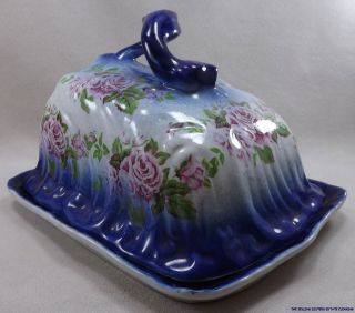 LM10 VICTORIAN STYLE Pottery CHEESE BELL DOME DISH Flow Blue Pink 