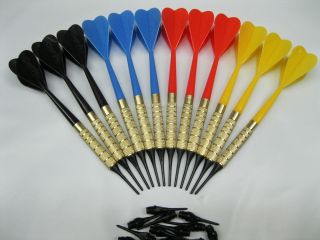 12 Plastic Soft Tip Brass Dart Set 4 sets 15 extra tips BLUE RED 