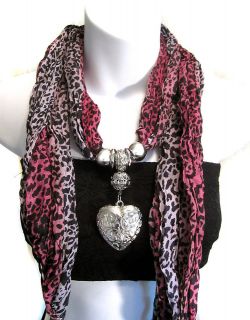 Heart Pendant Scarf Necklace Jewelry Charm Wrap [Leopard Animal Print]