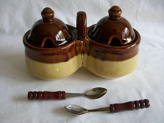   Pot with Lids & Spoons Brown Stoneware Jelly Relish Crock Sugar EUC