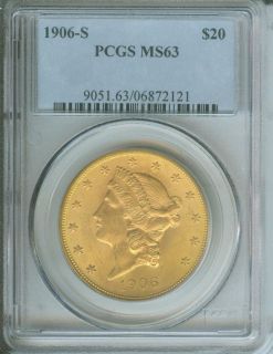 1906 S $20 LIBERTY Double Eagle PCGS MS63 GOLD COIN MS 63 Better Date 