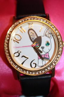   BETSEY JOHNSON Crystal Black Leather Bling PUPPY Boston Terrier Watch