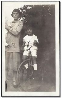 MOM WITH PART OF BABY AND BOY ON TRICYCLE VINTAGE/OLD PHOTO SNAPSHOT 