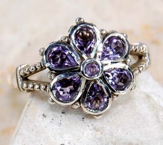 Natural Amethyst 925 Solid Sterling Silver Edwardian Style Flower Ring 