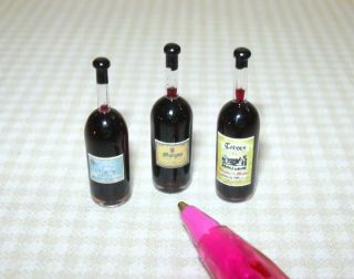 Miniature 3 Glass Bottles of Red Wine/Real Liquid DOLLHOUSE 