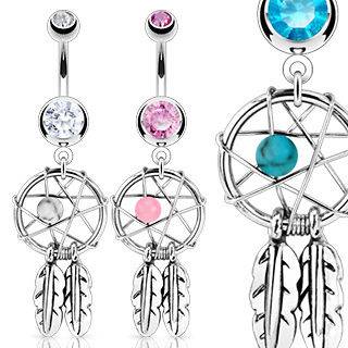   Woven Star w/ Bead Feathers Gem Belly Ring Navel Clear,Pink,Aqu​a