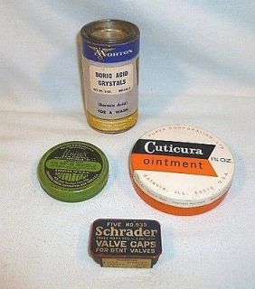   Advertising Tins Schrader Valve Caps Cuticura Univex Morton Boric Acid