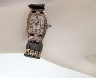 Antique Art Deco Bulova Ladies 14K White Gold Diamond Sapphire Watch 