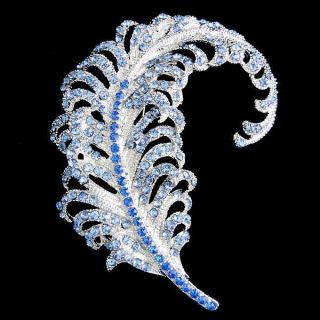 Fabulous Peacock Plume Brooch Pin Curved Feather Blue Swarovski 