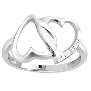 Sterling Silver Natural Diamond Double Hearts Promise Ring w/ Gift Box 