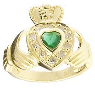   Gold Genuine Diamond Emerald .25cts Claddagh Engagement Ring sz 7 r