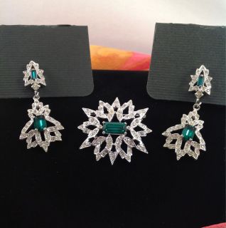 POLCINI Vintage Brooch & Earrings, Clear Pave/Emerald Color Baguettes 