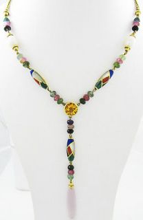   14K Gold Multi Color Inlaid Gemstone Drop Necklace *NEW* $3,340