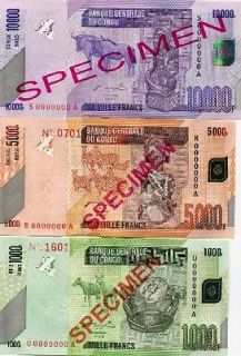 Congo 1000 5000 10000 Francs (2012) SPECIMEN UNC set 3p