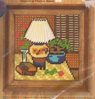 1971 needlepoint kit ROSES & LAMP, table, books ~ 5 x 5 inches