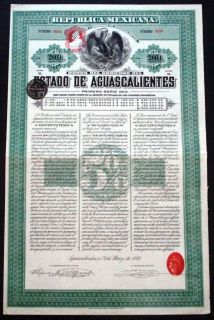 1910 Republica Mexicana: Estado de Aguascalientes   Bearer Bond with 