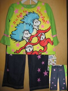 Dr Seuss Girls Thing 1 2 L/S Shirt Pants Jeans Set Outfit Have Fun 