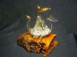 Hand Blown Glass Art Dragon Head Viking Ship W/22kt Gold Dipped Oars 