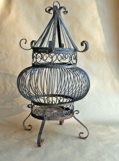  Vintage Patina Scrolling Wrought Iron Bird Cage or Lantern Hinged Top