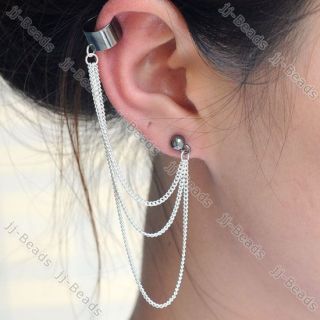  Tassels Fringes Chain Black Ear Cuff Stud Clip Earrings Goth Rock
