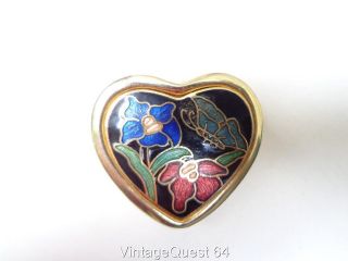 Vintage Multi Colored Enamel Flower Heart Shaped Cloisonne Pill Box 
