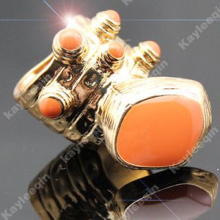 Fab Arty Enamel Orange Red Stone Finger Ring Dots Armour Gold Coctail 