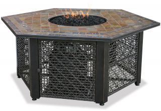 Uniflame LP Gas Fire Pit Table/Slate Tile Mantel & Black Fire Glass 
