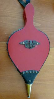 VINTAGE FIREPLACE BELLOWS RED WOOD BRASS TACKS AND TIP FAUX LEATHER 