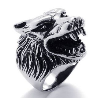 Size 13 Vintage Silver Gothic Wolf Head Stainless Steel Mens Ring Size 