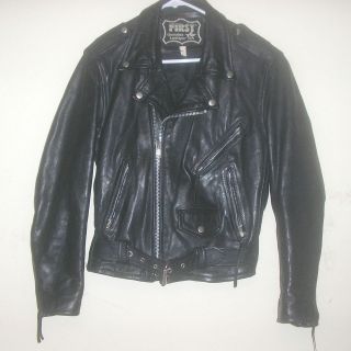 Mens FIRST GENUINE LEATHER Leather Motorcycle Jacket Coat Size 38