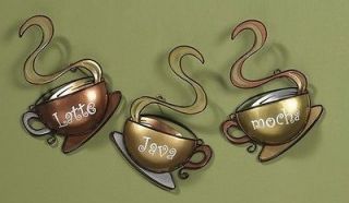 Coffee Cups Metal Kitchen Decor Latte Mocha Java 3/pcs