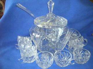 Cut crystal punch set w/covered bowl, ladle, 11 cups