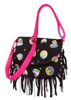   Girls Black & Pink Sequin Heart Peace Fringe Handbag Bag Purse NEW
