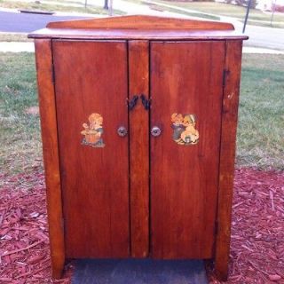 GREAT ANTIQUE CHILDS CUPBOARD WITH STENCILED DOORS EARLY 1900S 