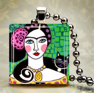   Folk Art Jewelry Frida Kahlo Necklace Pendant Black Cat Jewelry charms