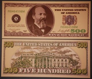 James Garfield 500 Dollar Bill PLUS HOLDER Fake Novelty Funny Money