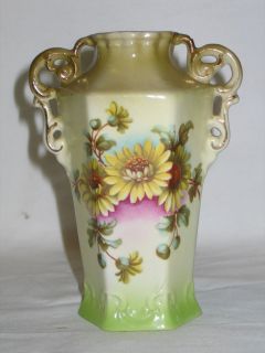 Antique Porcelain Floral Flower Vase Austria Dbl Handled Austrian Hand 