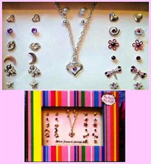 Girls Jewelry Heart Necklace 14 Pairs Earrings Storage Box Ribbon 