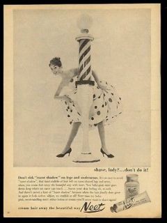 1958 woman & barber pole photo Neet liquid hair remover vintage print 