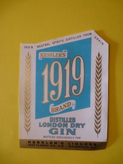 Liquor Label KESSLERS 1919   Distilled London Dry GIN~Bottled For 