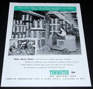 1945 OLD WWII MAGAZINE PRINT AD, TOWMOTOR FORK LIFT, A ONE MAN GANG