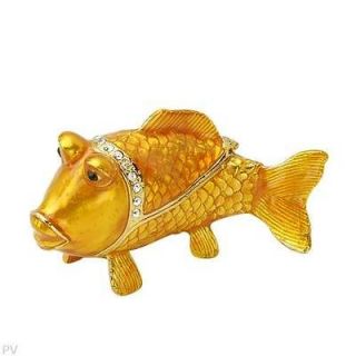 Stal Enamel Trinket Jewelry Box Gold Fish Crystals Curio Cabinet 