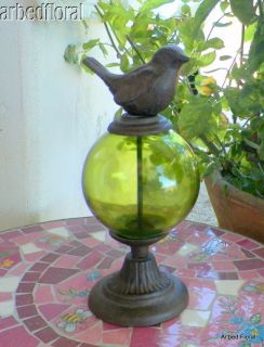 Cast Iron Green Glass Globe Bird Garden Decor Yard Home Finial