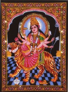 Hindu goddess Devi durga chamunda bhawani sitting on a tiger with 