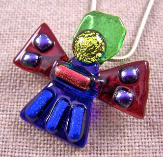 Dichroic Fused Glass ANGEL Green Red Blue PENDANT PIN COMBO Purple 